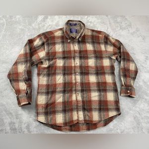 Pendleton Virgin Wool Shirt Womens Large Brown Beige Plaid Flannel